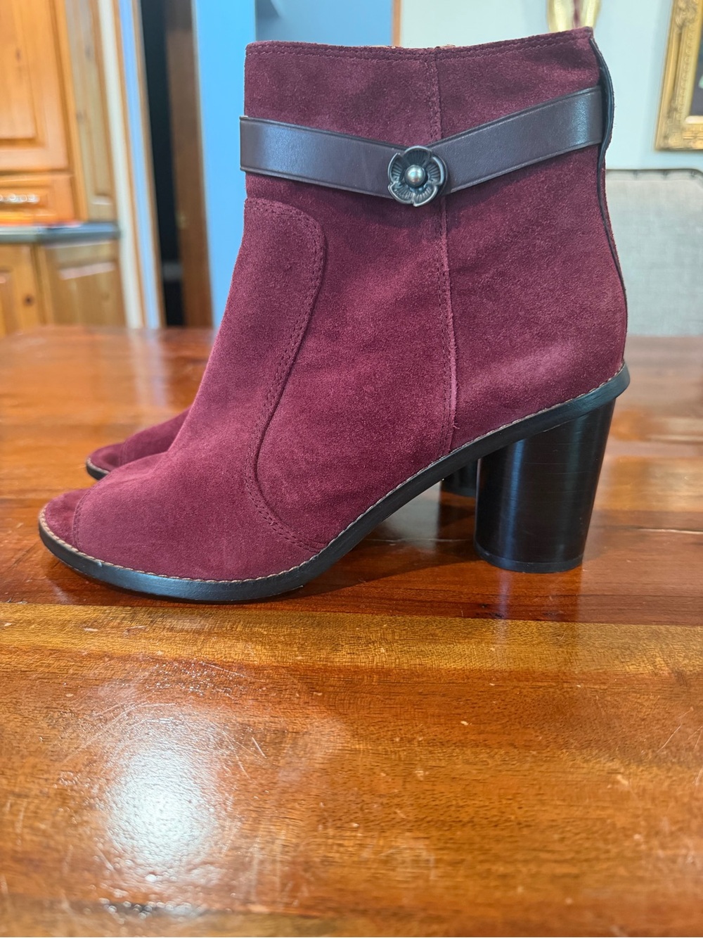 Coach Burgundy Suede Ankle Booties with Floral Accent Strap